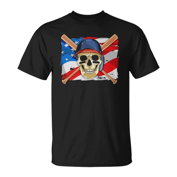 Baseball Skull 4Th Of July American Player Usa Flag Unisex T-Shirt