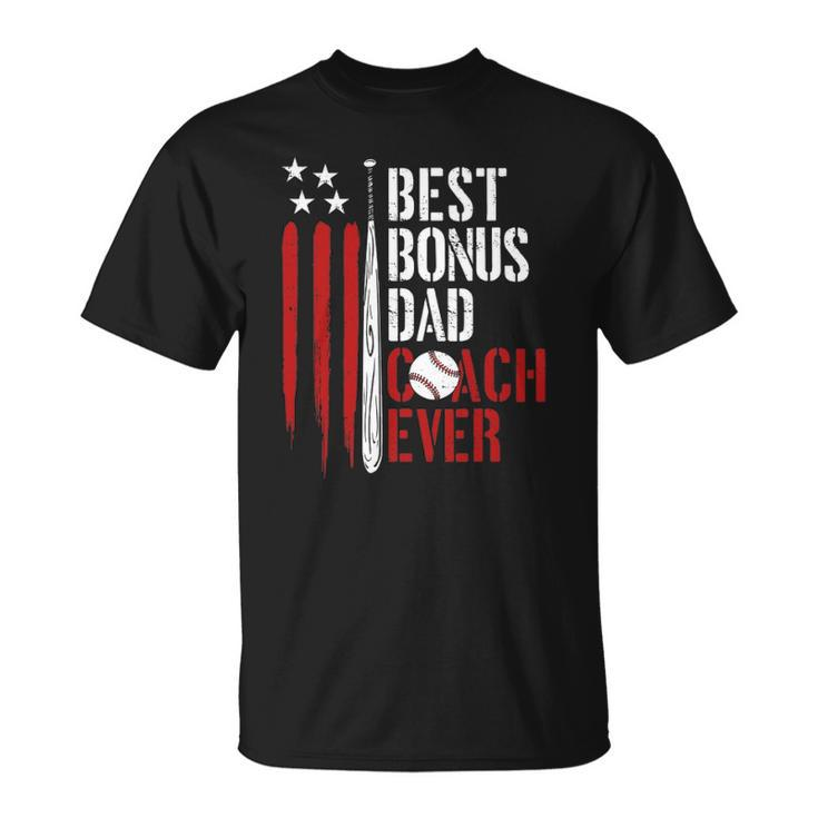 Best Bonus Dad Coach Ever Proud Baseball Daddy American Flag T-shirt