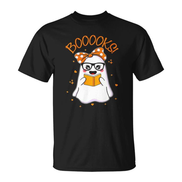 Booooks Cute Ghost Reading Library Books Halloween Teacher Unisex T-Shirt