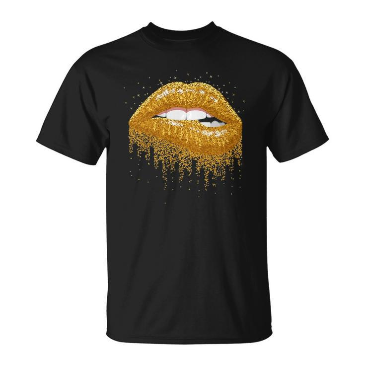 Cool Lips Bite Kiss Me -Gold Sparkle- Sexy Lips Gift Unisex T-Shirt
