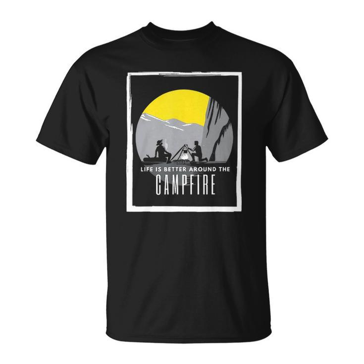 Dad And Son Outdoor Campfire On Mountain Summertime Unisex T-Shirt