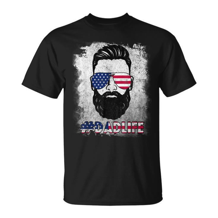 Dad Life Beard Sunglasses Usa Flag Fathers Day 4Th Of July  Unisex T-Shirt