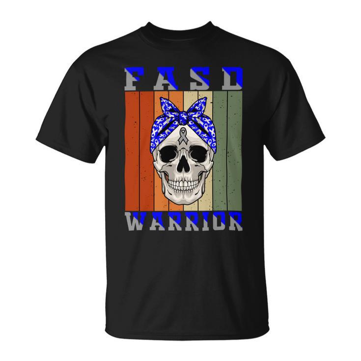 Fasd Warrior Skull Women Vintage Blue And Grey Ribbon Fetal Alcohol Spectrum Disorder Fetal Alcohol Spectrum Disorder Awareness Unisex T-Shirt