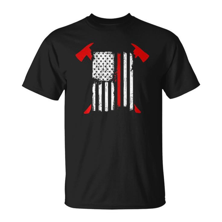 Firefighter Red Line Us Flag Crossed Axes Printed Back Unisex T-Shirt