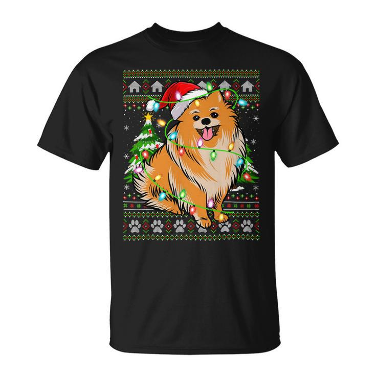 Funny Xmas Lighting Ugly Santa Pomeranian Christmas T-Shirt Unisex T-Shirt