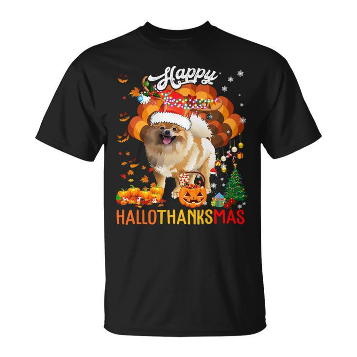 Hallothanksmas Santa Turkey Pumpkin Pomeranian Dog T-Shirt Unisex T-Shirt