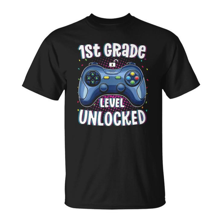 Kids 1St Grade Level Unlocked Gamer First Day Of School Boys Unisex T-Shirt