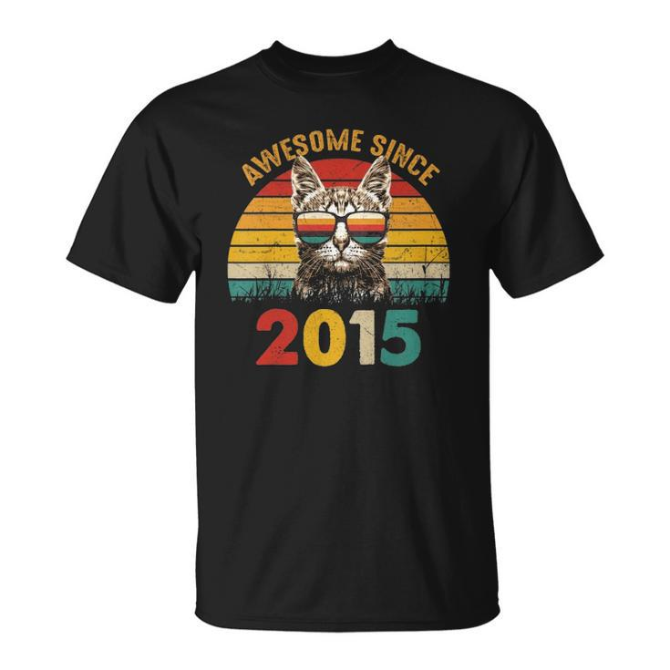 Kids 7Th Birthday Gift Retro Sunset Awesome Since 2015 Cat Lover Unisex T-Shirt