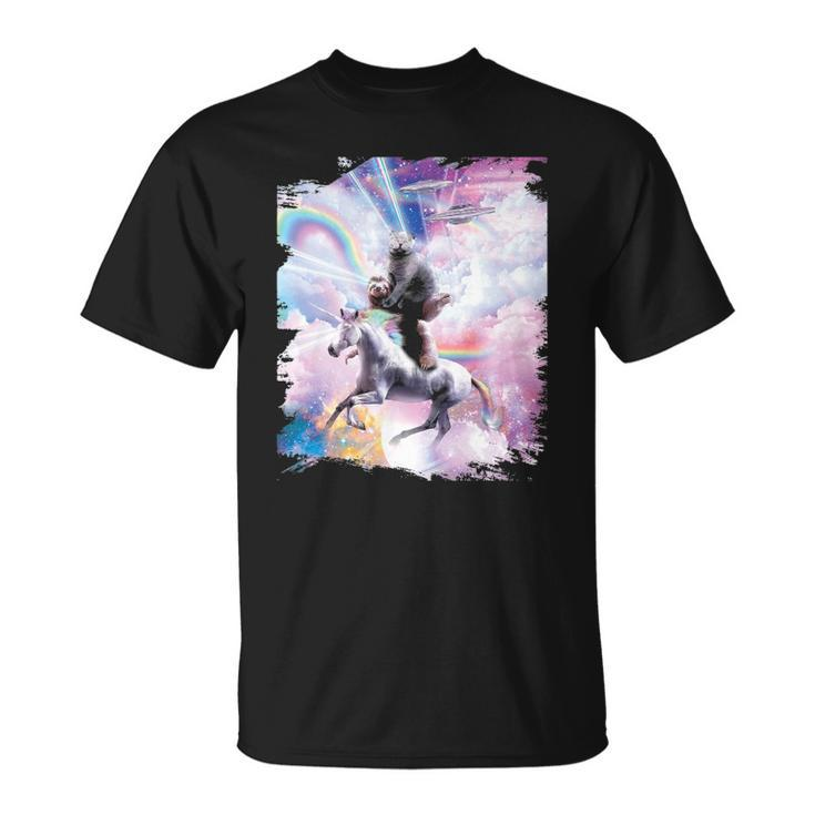 Laser Eyes Space Cat On Sloth Unicorn - Rainbow Unisex T-Shirt