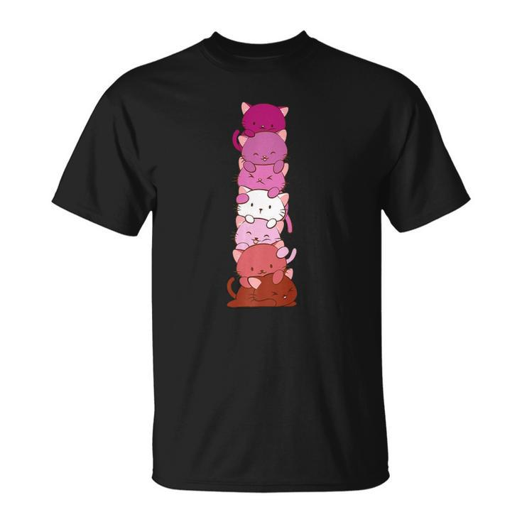 Lesbian Pride Flag Cute Pink Kawaii Cat Stack Anime Art  Unisex T-Shirt