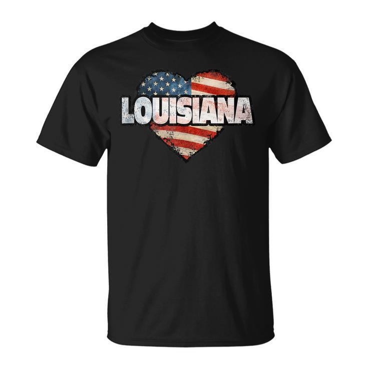 Louisiana Fourth Of July Heart American Flag Patriotic T-shirt