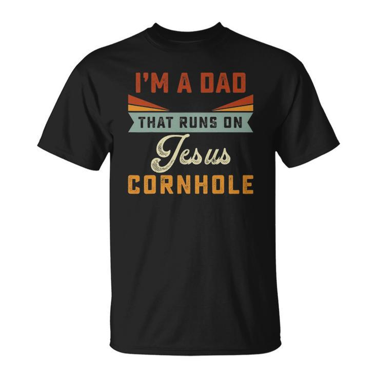 Mens Im A Dad That Runs On Jesus Cornhole Christian Vintage Gift Unisex T-Shirt