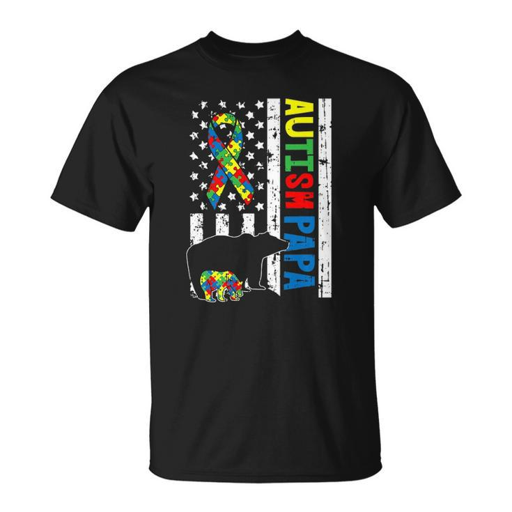 Papa Bear Matching Family Autism Awareness Gifts Us Flag Unisex T-Shirt