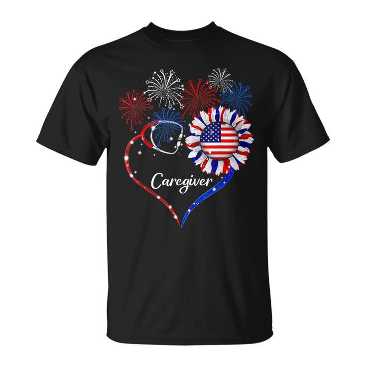 Patriotic Caregiver Sunflower 4Th Of July American Flag Love  Unisex T-Shirt