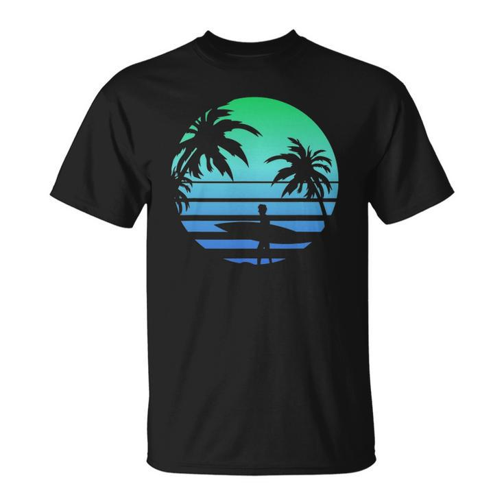Retro Water Sport Surfboard Palm Tree Sea Tropical Surfing Unisex T-Shirt
