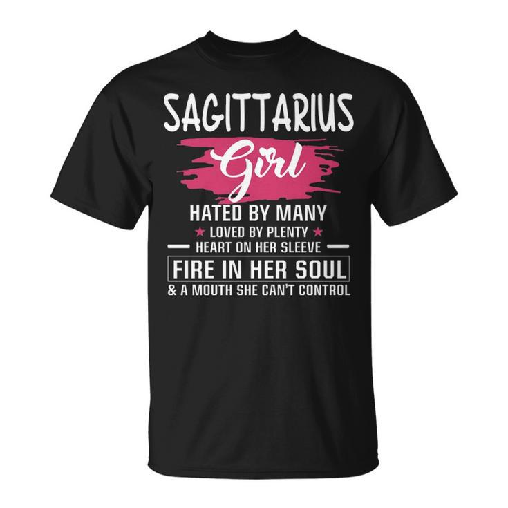 Sagittarius Girl Birthday Sagittarius Girl Hated By Many Loved By Plenty Heart On Her Sleeve T-Shirt