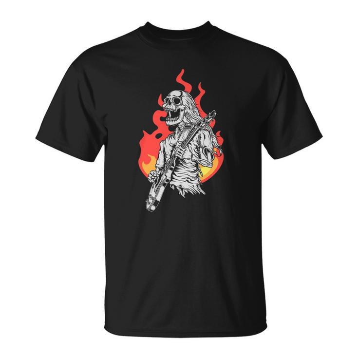 Skeleton Playing Electric Guitar Flames Rock Music Unisex T-Shirt