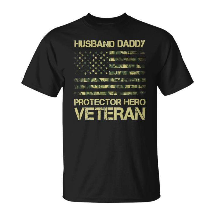 Veteran Husband Daddy Protector Hero Veteran American Flag Vintage Dad 2 Navy Soldier Army Military Unisex T-Shirt