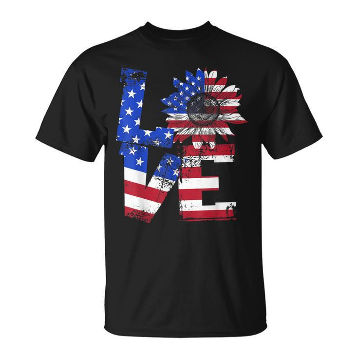 Vintage Love Sunflower Patriotic American Flag 4Th Of July  Unisex T-Shirt