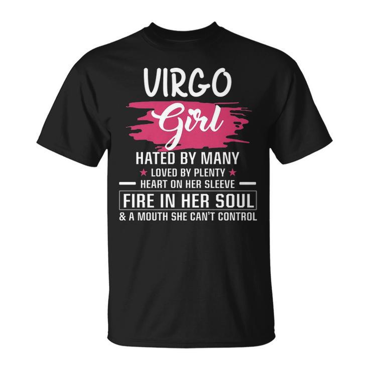 Virgo Girl Birthday Virgo Girl Hated By Many Loved By Plenty Heart On Her Sleeve T-Shirt