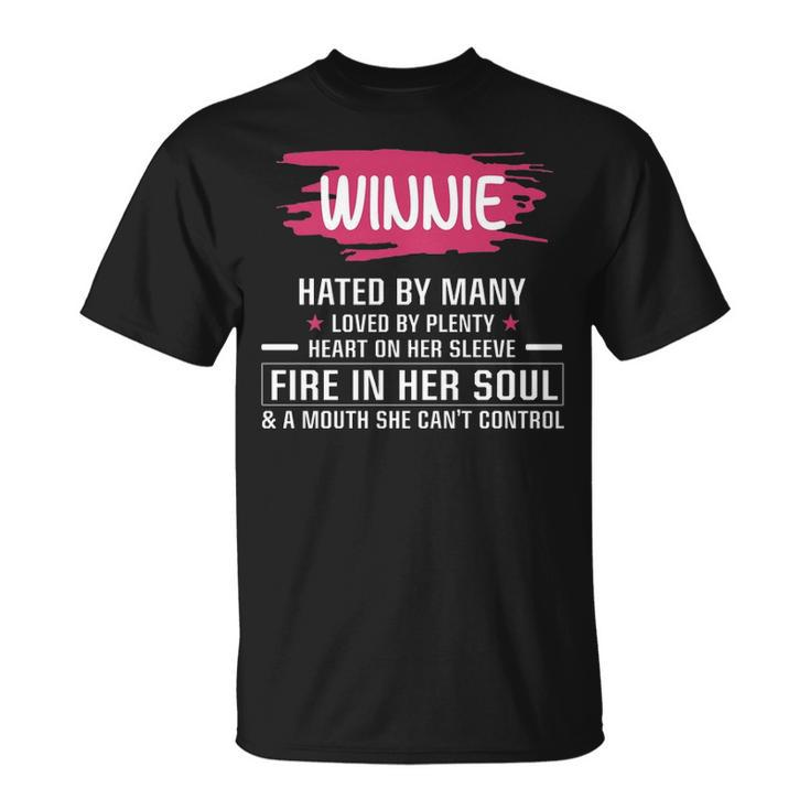 Winnie Name Winnie Hated By Many Loved By Plenty Heart On Her Sleeve T-Shirt