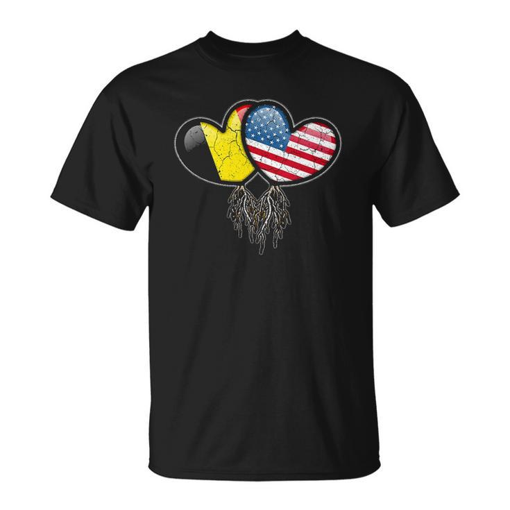 Womens Belgian American Flags Inside Hearts With Roots Unisex T-Shirt