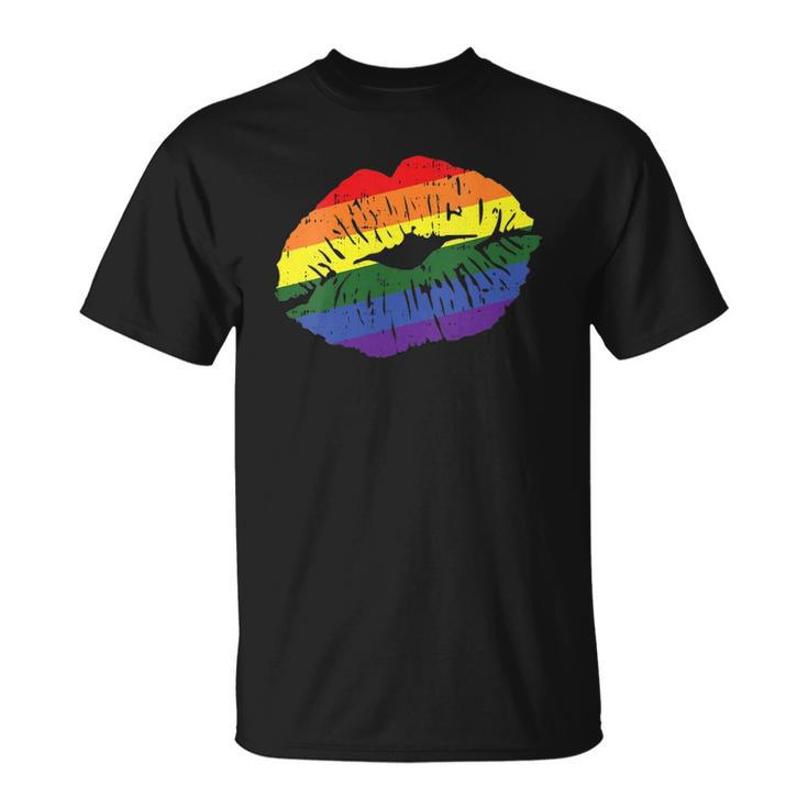 Womens Gay Kiss Rainbow Pride Flag Sexy Lips Proud Lgbt Q Ally Unisex T-Shirt