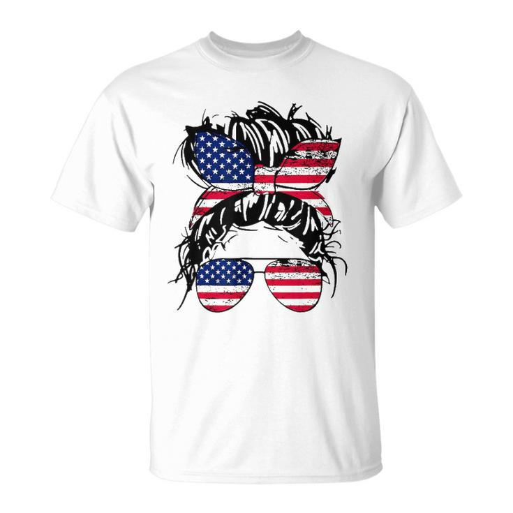 4Th Of July American Flag Patriotic Daughter Messy Bun Usa Unisex T-Shirt