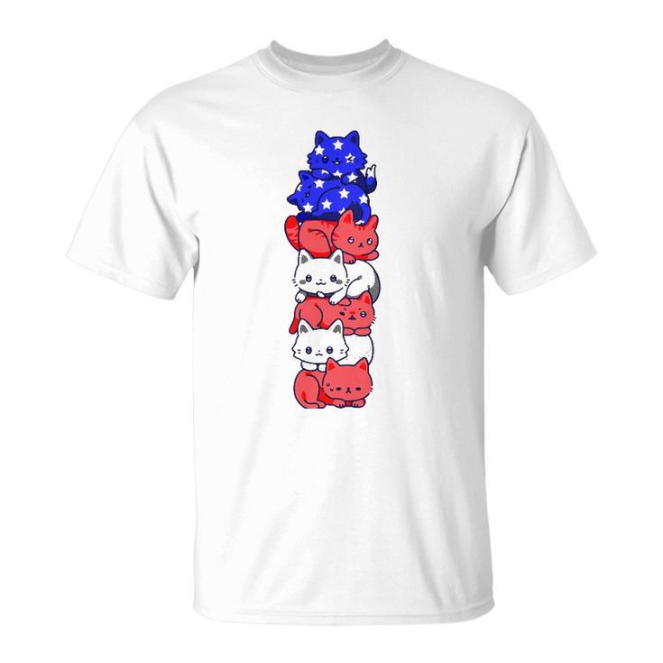 4Th Of July Cat Patriotic American Flag Cute Cats Pile Stack Unisex T-Shirt