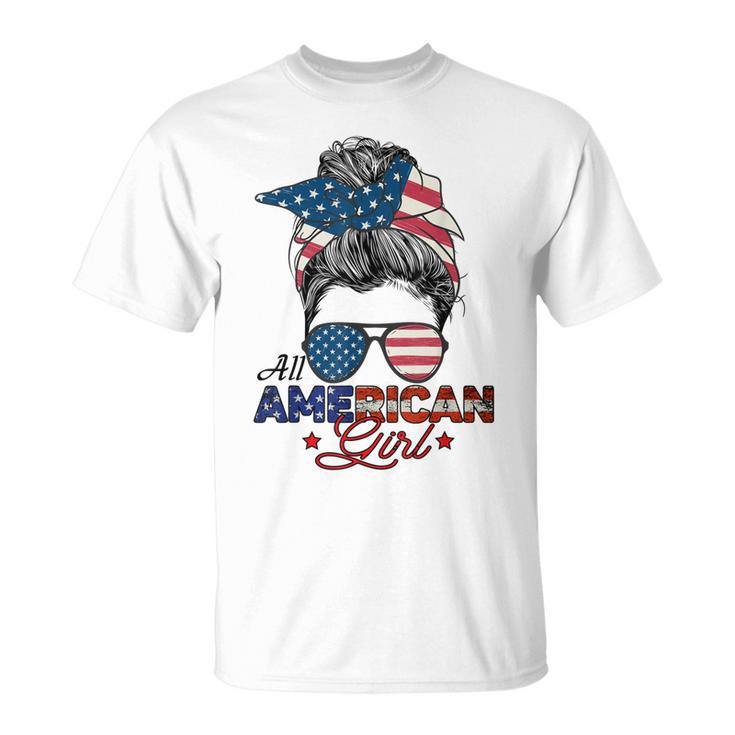 All American Girl 4Th July Messy Bun Us Flag  Unisex T-Shirt