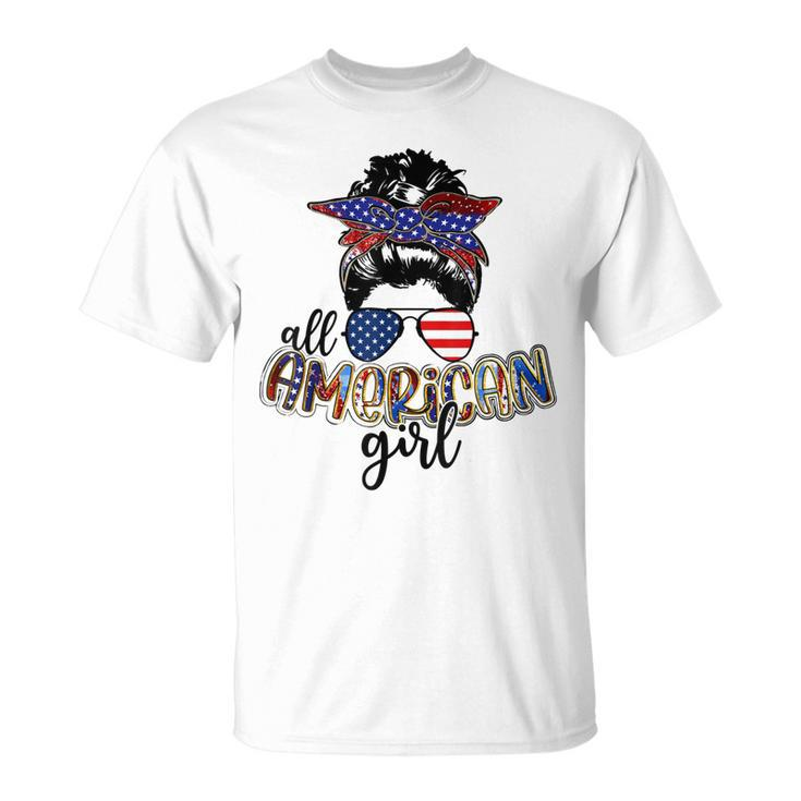 All American Girl Messy Bun Usa Flag Patriotic 4Th Of July  Unisex T-Shirt