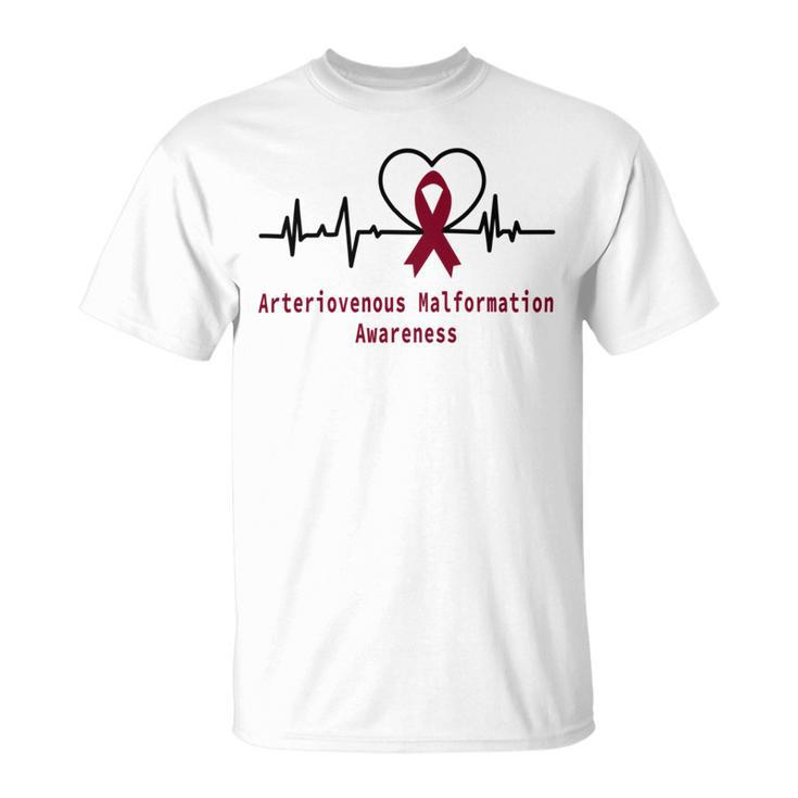 Arteriovenous Malformation Awareness Heartbeat Burgundy Ribbon Arteriovenous Malformation Support Arteriovenous Malformation Awareness Unisex T-Shirt