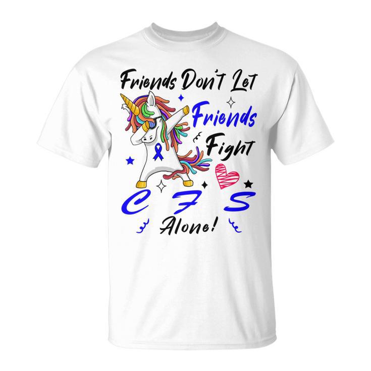 Friends Dont Let Friends Fight Chronic Fatigue Syndrome Cfs Alone  Unicorn Blue Ribbon  Chronic Fatigue Syndrome Support  Cfs Awareness Unisex T-Shirt