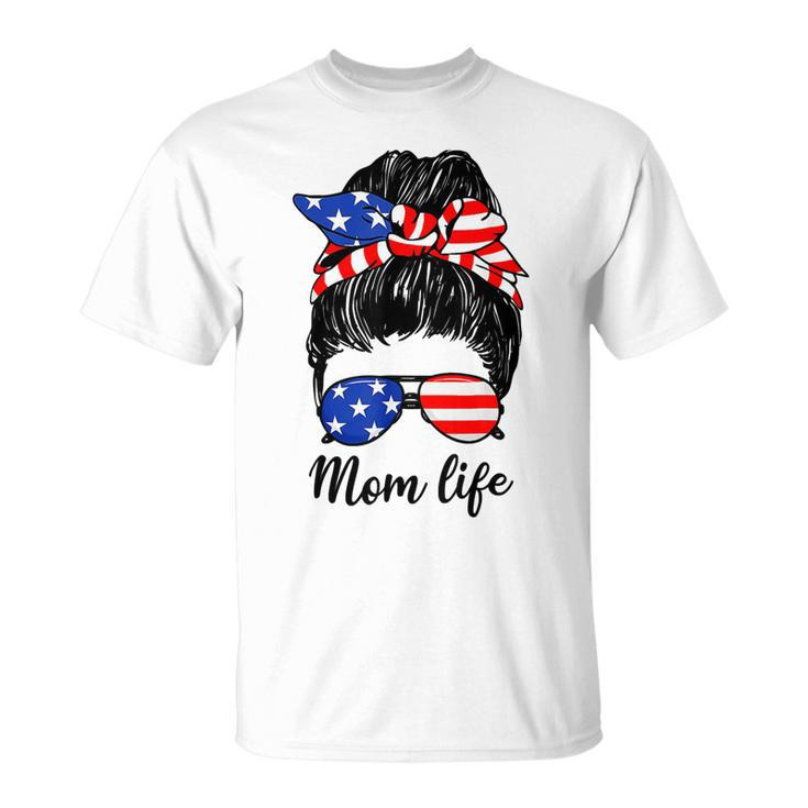 Funny American Flag 4Th Of July Mom Life Messy Bun Mors Day T-Shirt Unisex T-Shirt
