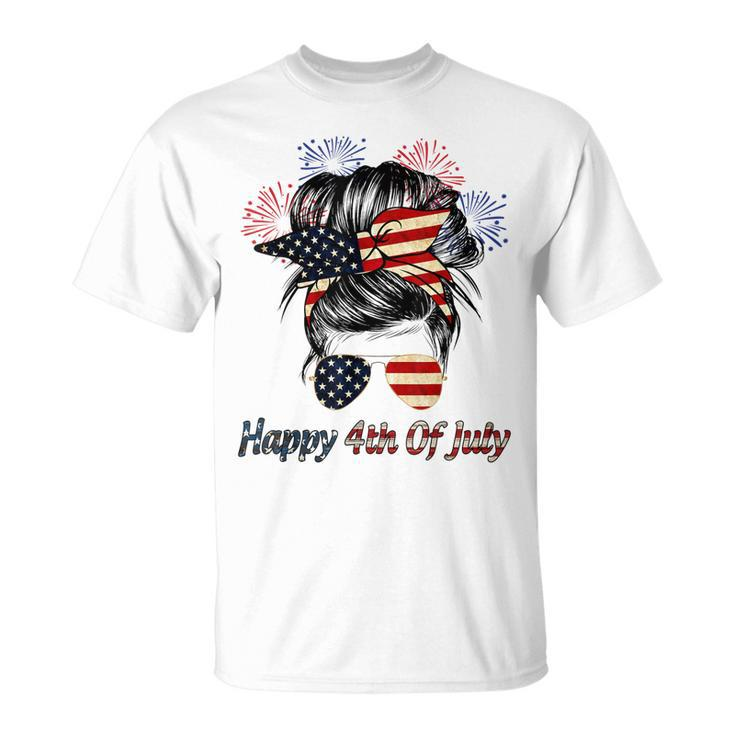Happy 4Th Of July Messy Bun American Flag Firework  Unisex T-Shirt