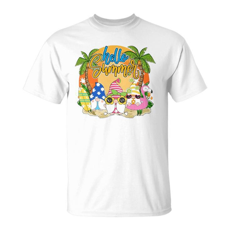 Hello Summer Vacation Garden Gnomes Beach Vibes Womens Unisex T-Shirt