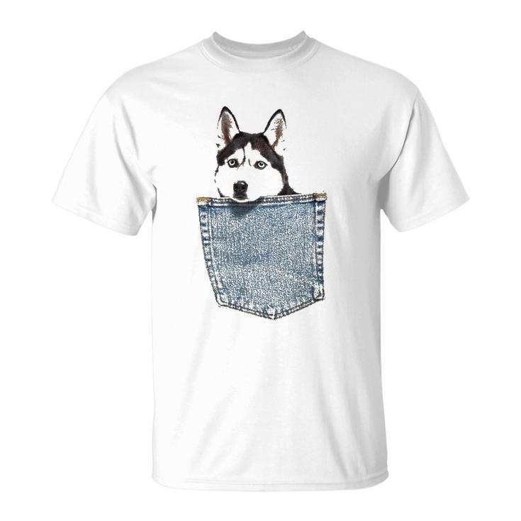 Husky In My Pocket Peeking Husky Funny Tee  Dog Animal Unisex T-Shirt