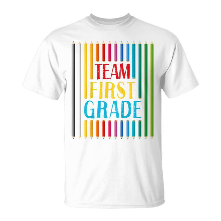 Kids First Day Of School Team 1St Grade Colored Crayons Funny  Unisex T-Shirt