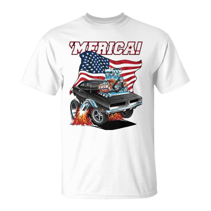 Merica Patriotic Classic Hot Rod Muscle Car Usa Flag Unisex T-Shirt