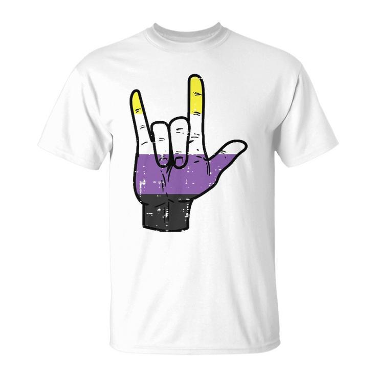 Nonbinary I Love You Hand Sign Language Enby Nb Pride Flag Unisex T-Shirt