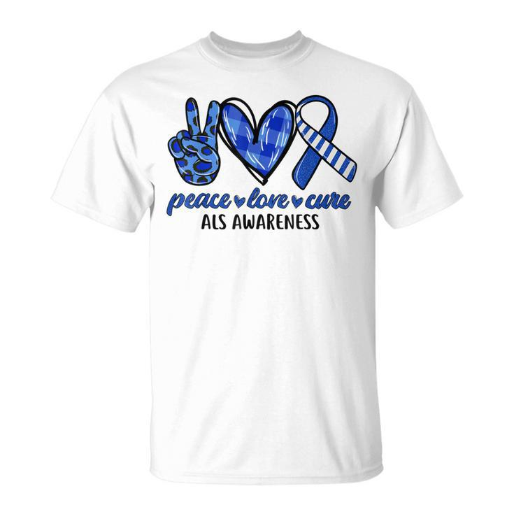 Peace Love Cure Blue & White Ribbon Als Awareness Month  V2 Unisex T-Shirt