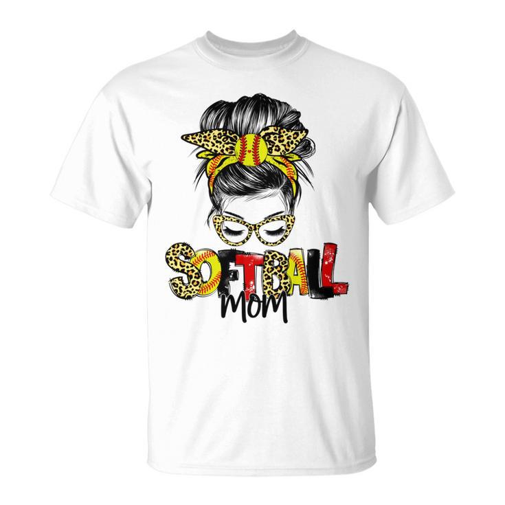 Softball Mom Leopard Messy Bun Ball Mom Mothers Day Unisex T-Shirt