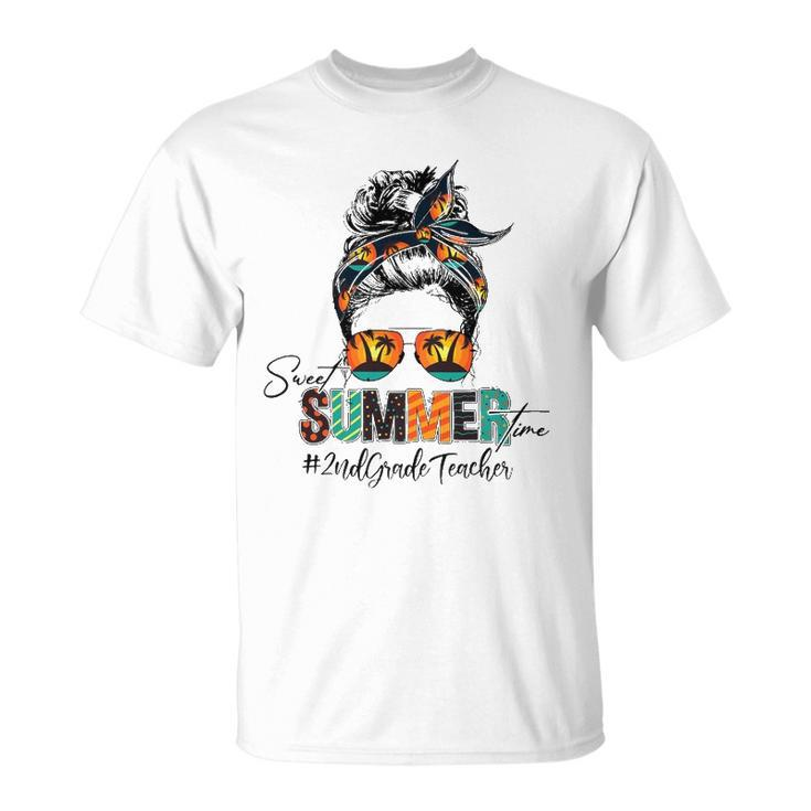 Sweet Summer Time 2Nd Grade Teacher Messy Bun Beach Vibes Unisex T-Shirt