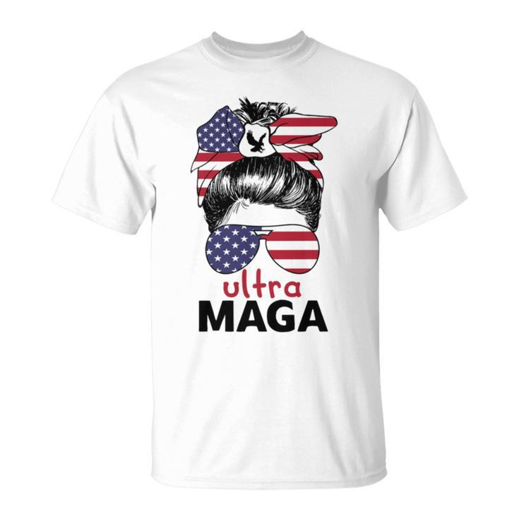 Ultra Maga American Flag Womens Messy Bun Wearing Glasses Unisex T-Shirt