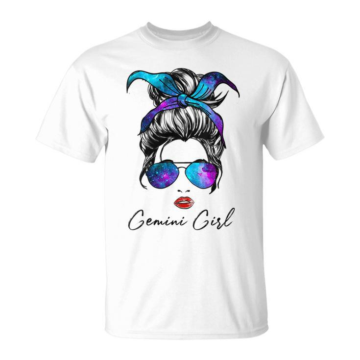 Womens Gemini Girl Zodiac Sign Horoscope Birthday Messy Bun Galaxy  Unisex T-Shirt