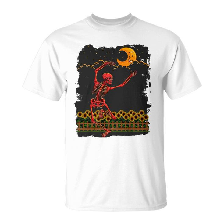 Womens Skeleton Macabre Dancing Red Graphic Goth Halloween Unisex T-Shirt