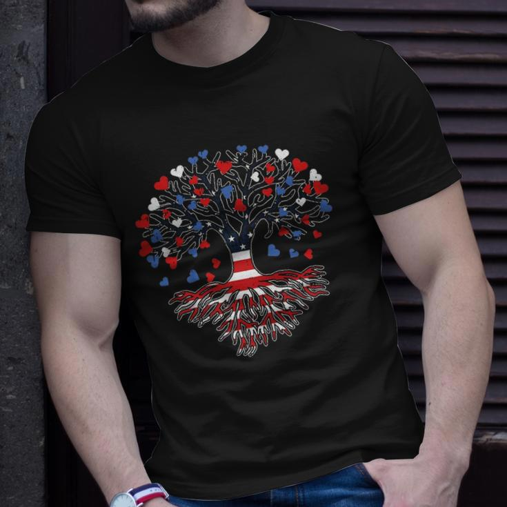 American Tree 4Th Of July Usa Flag Hearts Roots Patriotic Unisex T-Shirt Gifts for Him