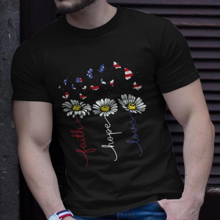 Faith Hope Love 4Th July Daisy Flowers Butterflies Us Flag Unisex T-Shirt Gifts for Him