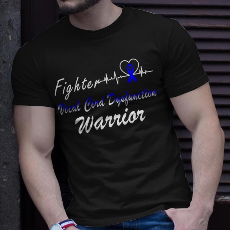 Fighter Vocal Cord Dysfunction Warrior Heartbeat Blue Ribbon Vcd Vocal Cord Dysfunction Awareness Unisex T-Shirt Gifts for Him