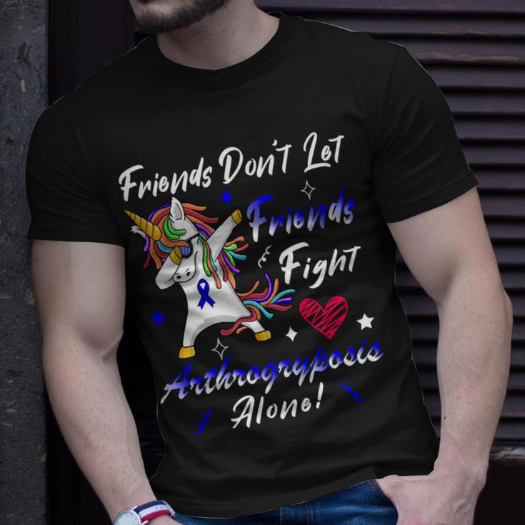 Friends Dont Let Friends Fight Arthrogryposis Alone Unicorn Blue Ribbon Arthrogryposis Arthrogryposis Awareness Unisex T-Shirt Gifts for Him